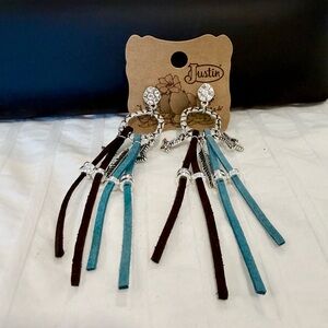Justin Turquoise & Brown Fringe Dangle Earrings with Boots, Stars& Feather